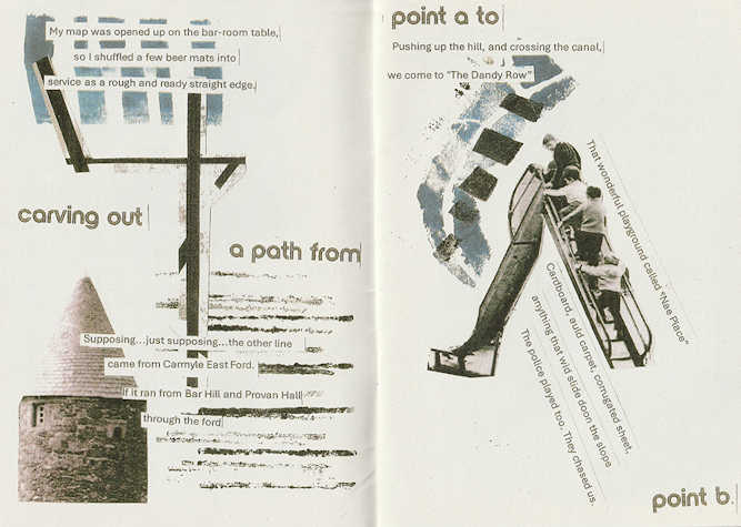An image of a double page section from a book. The pages contain a series of cut out images overlaid with cut out text.