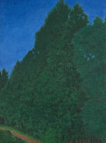 A painting of the edge of a forest. Tall trees of various luscious green hues reach up towards a bright blue sky. Small sections of sky are visible through the foliage. In the foreground, a red dirt path skirts the edge of the trees and leads the eye off the left-hand side of the canvas.