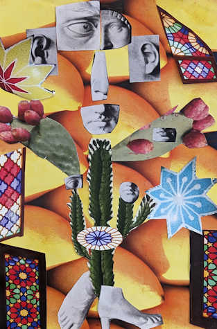 The image shows a detail from a collage made of paper cuttings combining  images of mangoes, cacti, islamic ornamental elements and plaster copies of eyes, noses, ears from Renaissance sculptures. 