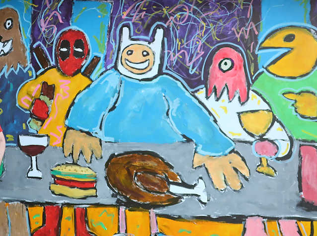 Detail of gestural painting. Five characters stand behind a grey table. The characters from left to right, Chewbacca (Star Wars), Wade Wilson (Deadpool), Finn the Human (Adventure Time), Zoidberg (Futurama) and Pac Man. On the table there is a wine, a burger, and a roast chicken. The back ground is blue and purples with squiggle lines in the purple sections.