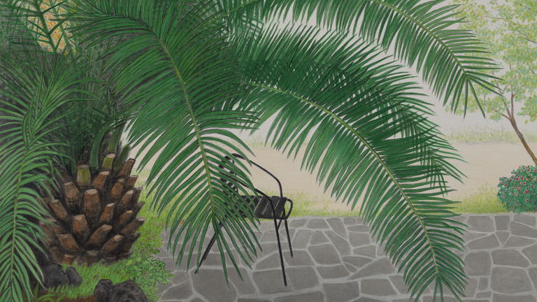 A painting of a black Labrador Retriever lying on an irregular grey stone patio under a palm tree. The scene is strongly backlit by bright light. An empty black garden chair and a field or beach populated sparsely with vegetation is visible beyond the palm leaves. 