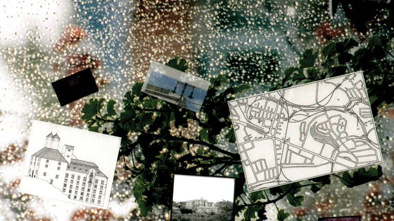 A digital collage. image in the back is raindrops on a window with blurred scenery behind. there is a small image of colour photograph of a lamppost, a drawing of a map, a drawing of a building and a black and white image of a building