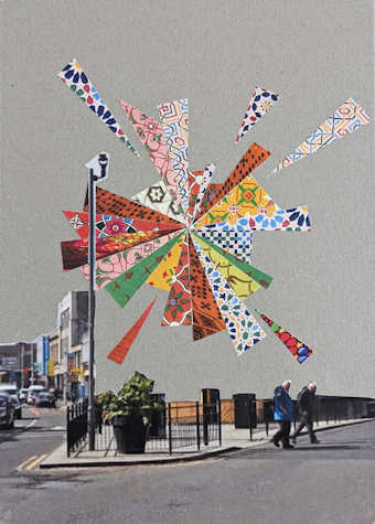 The image shows a collage made of paper cuttings combining parts of a photograph of the Shawlands cross and a star-shaped form made with colourful decorative elements. 