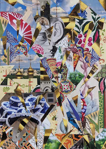 The image shows a detail from a collage made of paper cuttings combining decorative elements, blue and white Eyo festival hats (Nigeria), golden domes from the cathedral in Kiev, and details from Renaissance Sculptures.