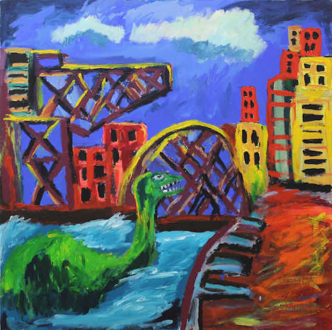 Gestural Painting, bold colours. A green loch Ness monster comes out of the blue water in the foreground, to its right is a bridge of some sort with bright orange and red marks leading into the back ground. The background is a city scape of Glasgow which includes the squinty bridge and a crane as well as some buildings in reds and yellows. A purple/bluesky is behind them with some white clouds