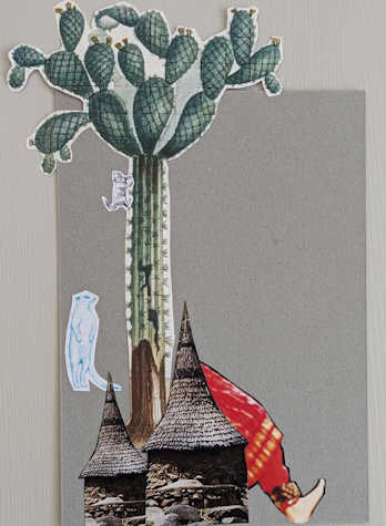  The image shows a detail from a collage made of paper cuttings combining a cactus tree, a leg of a woman wearing parachute pants, three Matakam huts that can be identified as cylindrical long pointy thatched roofs, a cat and meerkat. 