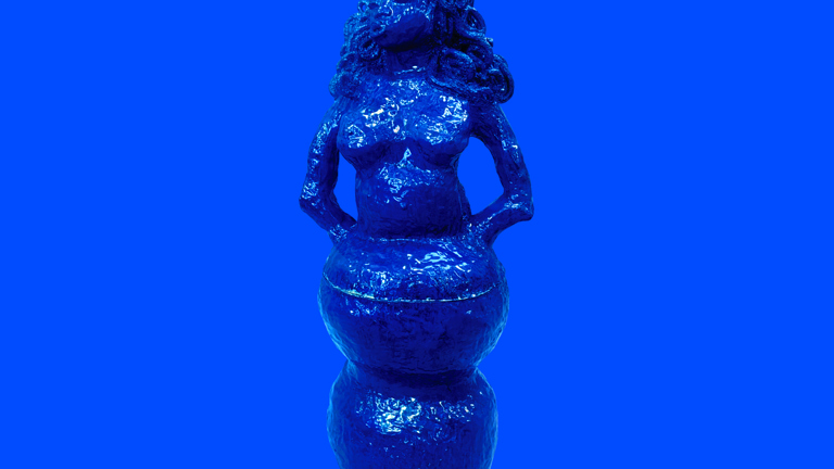 A photo of a sculpture of a woman's head and torso. The sculpture has curly hair and is painted blue. 