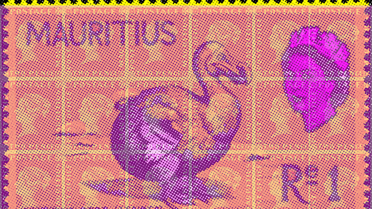 A large rectangular pink postage stamp with an image of a purple dodo bird and the text 'R1' and 'Mauritius'.