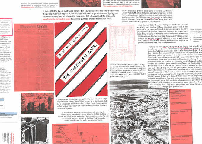 A piece of paper with cuttings of images and text in the colours red, white, and black with information and locations relating to Glasgow.