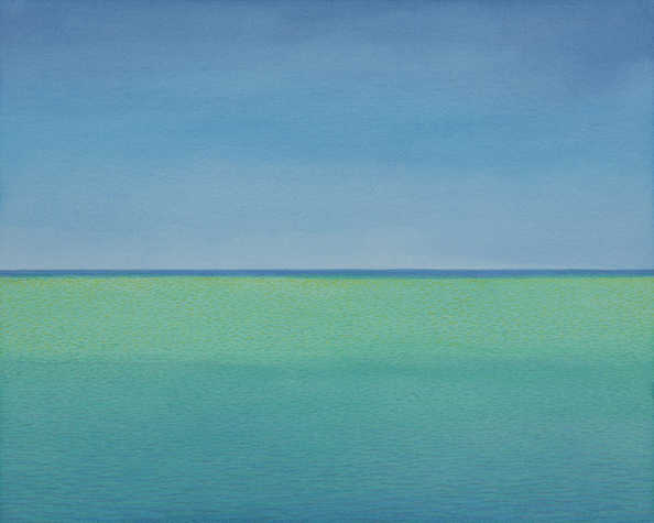 A painting of seascape. The water is elegantly patterned with small ripples in blue hues, transitioning from a darker colour in the foreground to a light turquoise at the horizon. The horizon line cuts through the centre of the image, and a bright gently gradated blue sky occupies the top half of the image.] 