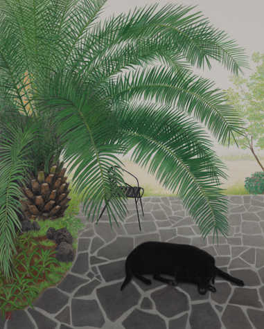 A painting of a black Labrador Retriever lying on an irregular grey stone patio under a palm tree. The scene is strongly backlit by bright light. An empty black garden chair and a field or beach populated sparsely with vegetation is visible beyond the palm leaves. 