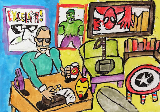 Water colour painting of Stan Lee sitting at a desk on the left side of the image. He wears a turquoise top with a white collar. He has sunglasses on and a mug in his hand. There are posters on the walls behind him. The interior looks like an office. The posters feature the Hulk, Spider Man and one with the text Excelsior on it. A red and white table sits on the yellow floor, it has a star in the centre. There is a bookshelf and some other furniture