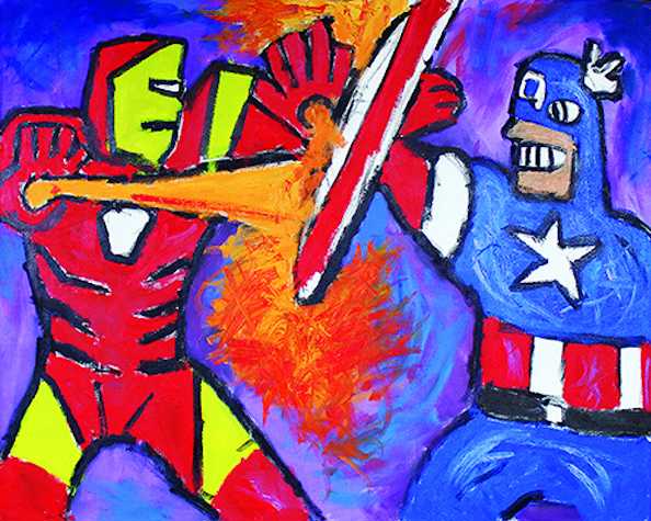 Gestural painting. Two action hero figures in a battle. One figure in a red suit holds a fire sword towards the other figure in blue. Figure in blue has a white star on their chest and holds a shield to protect themselves from the fire sword. Both figures are in profile and there is a purple background.]