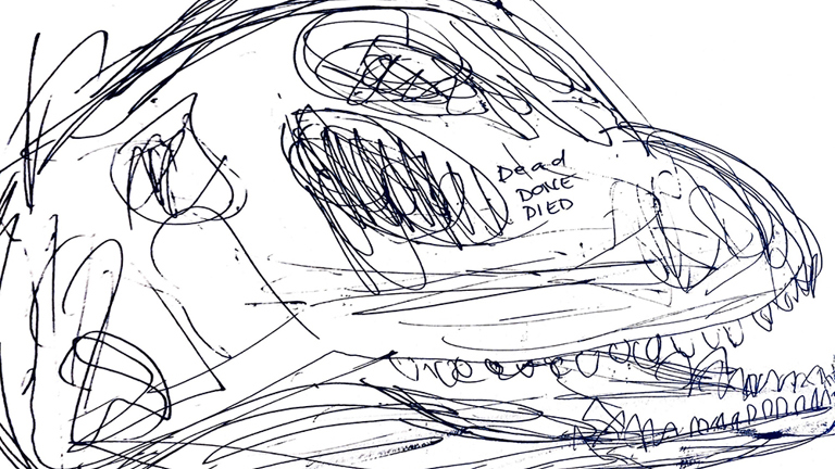 A pen drawing of a dinosaur skull with the following text: Dead, Done, Died]