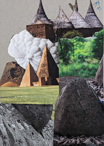  The image shows a collage made of paper cuttings combining images of custard apple, pyramidal monuments, nigerian huts, stones and soil