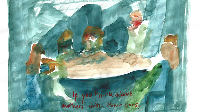A watercolour painting of a group of figures sitting around a table. At the bottom of the image in red paint is the text 'if you think about mothers with their sons,'